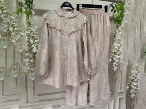 Ruffle Collar Shirt & Wide-Leg Pants Set