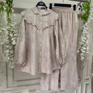 Ruffle Collar Shirt & Wide-Leg Pants Set